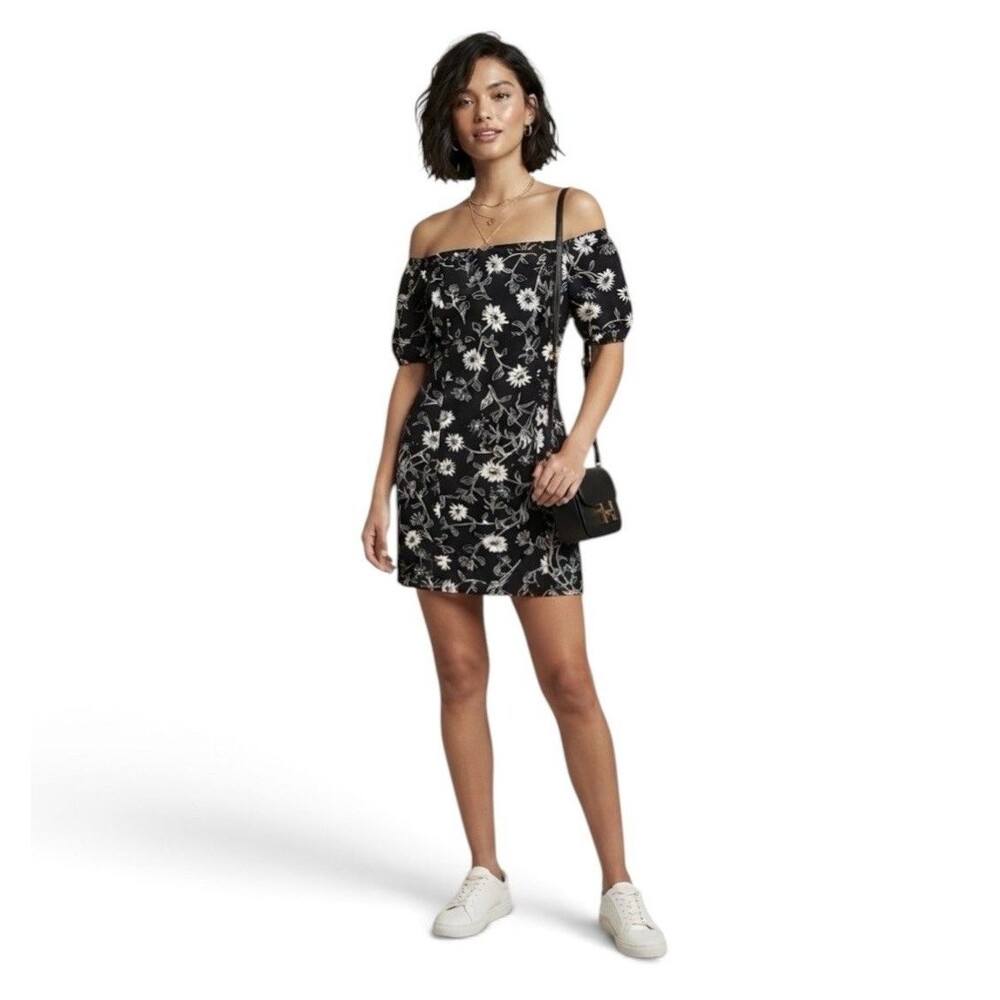Leith Black White Floral Print Off Shoulder Denim Smocked Mini Dress Size M EUC